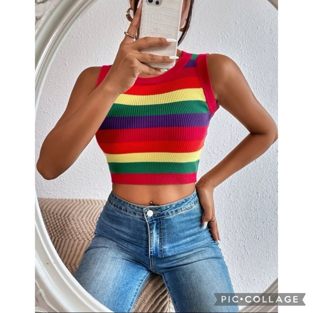 Y2K Rainbow Striped Rib Knit Crop Top